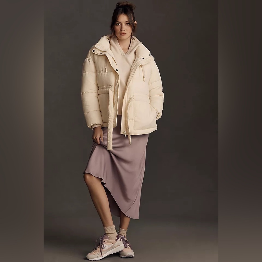 New OOF Wear x Anthropologie Cream Belted Puffer Coat Jacket sz 42